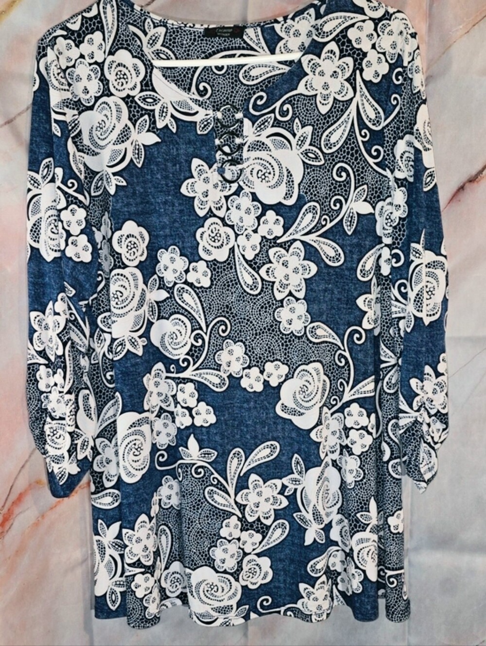 Cocomo Navy and White Floral Lace-Print Tunic